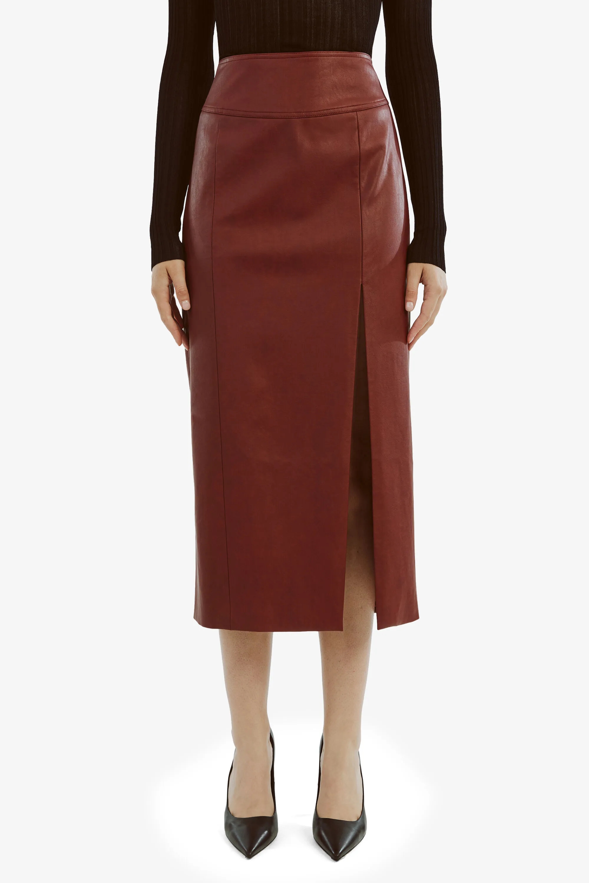 dante vegan leather midi skirt in deep red