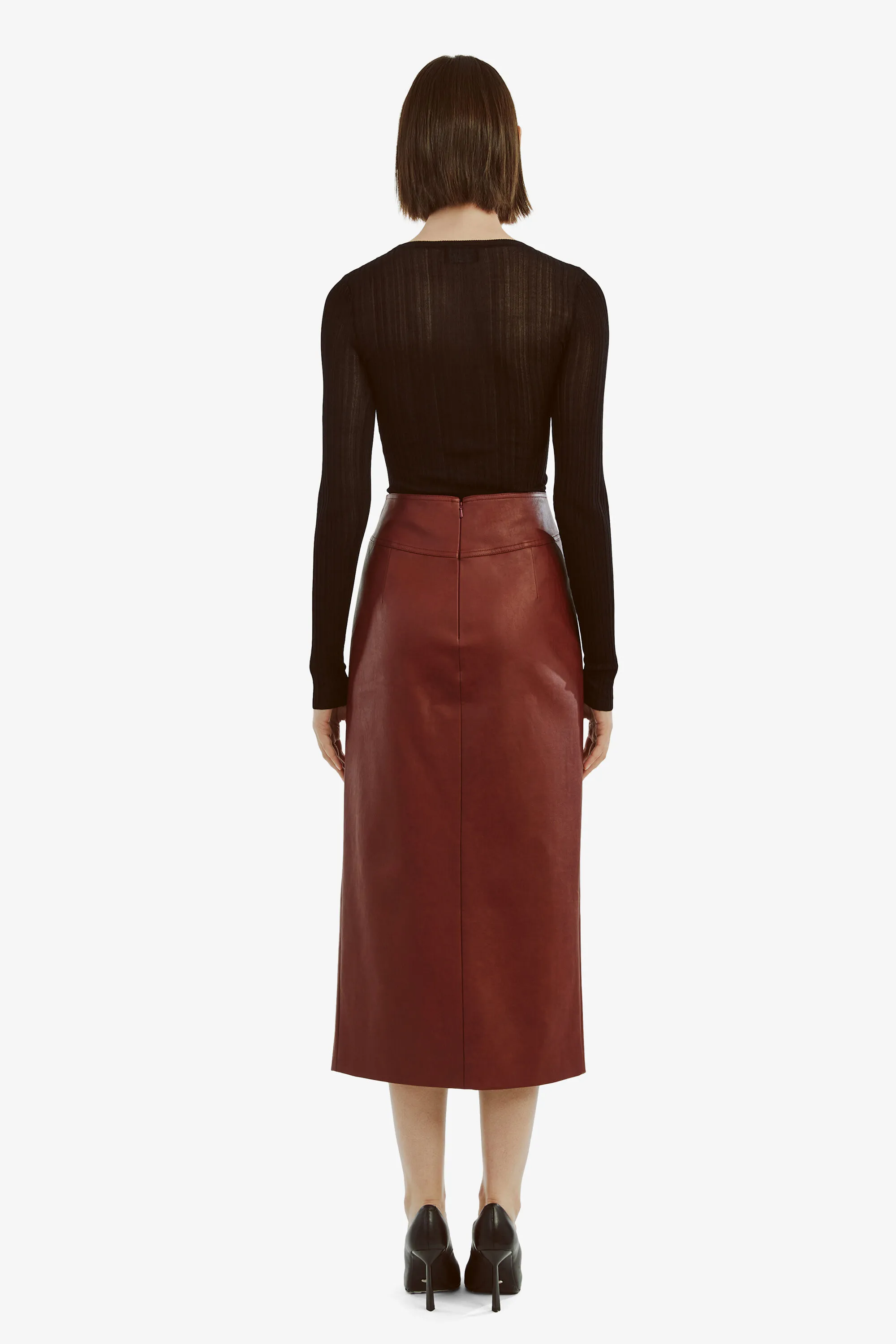 dante vegan leather midi skirt in deep red