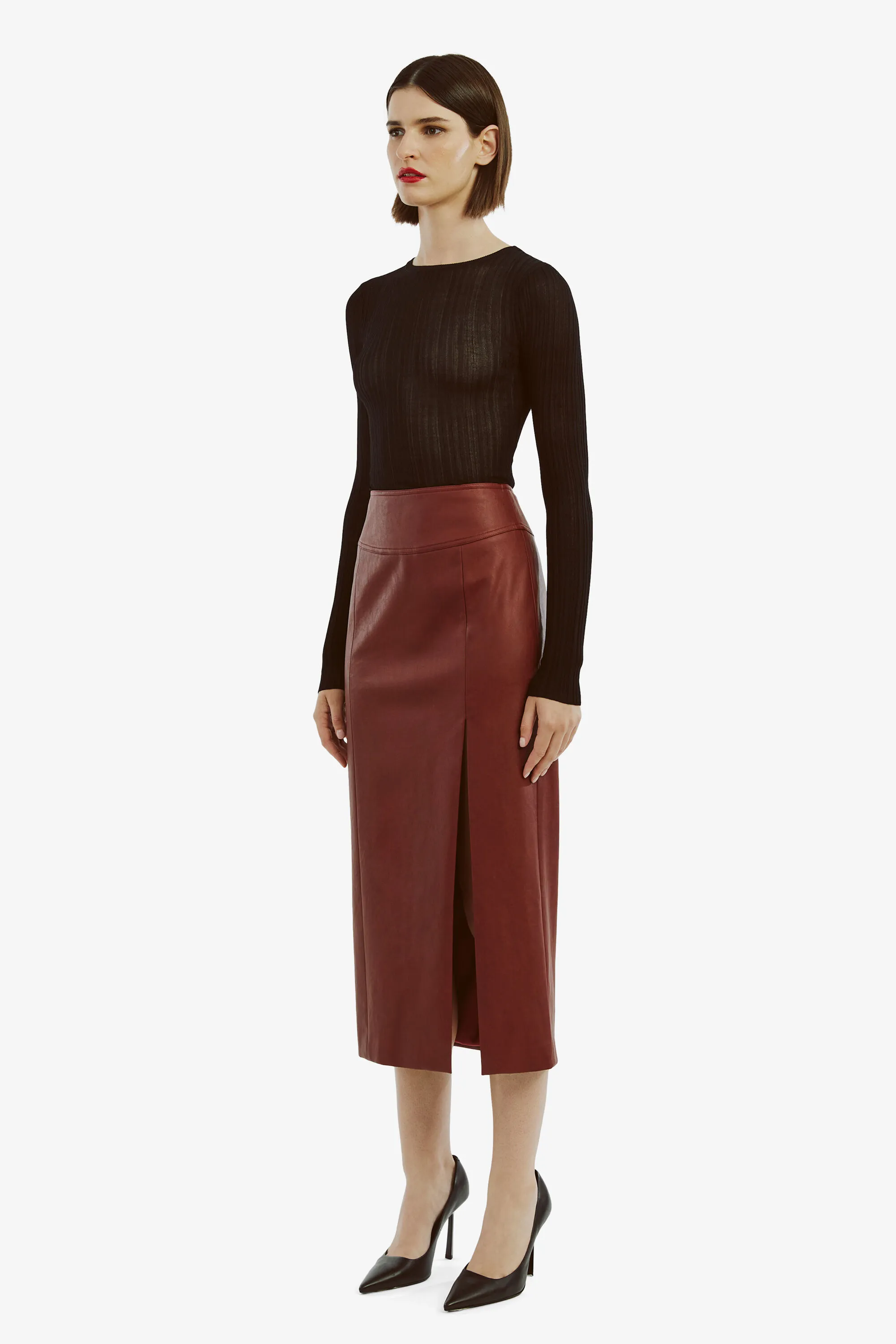 dante vegan leather midi skirt in deep red