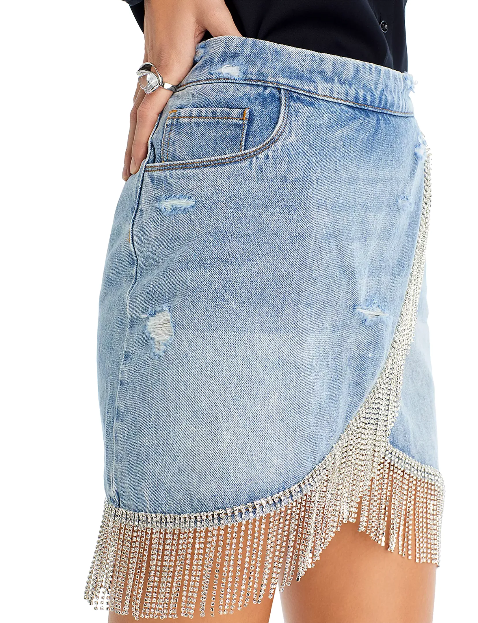 Denim Mini Skirt With Fringes, Heart and Soul