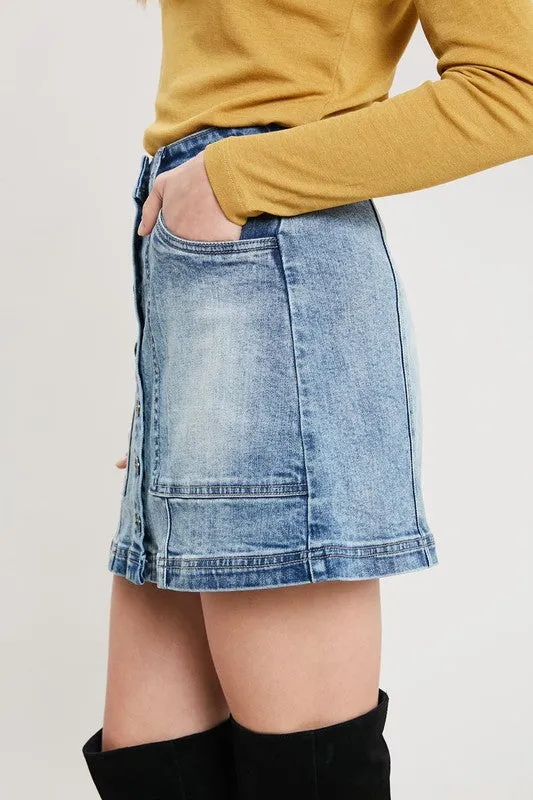 Denim Washed Front Button Down Mini Skirt