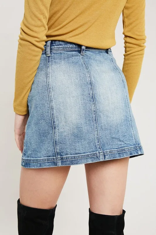 Denim Washed Front Button Down Mini Skirt