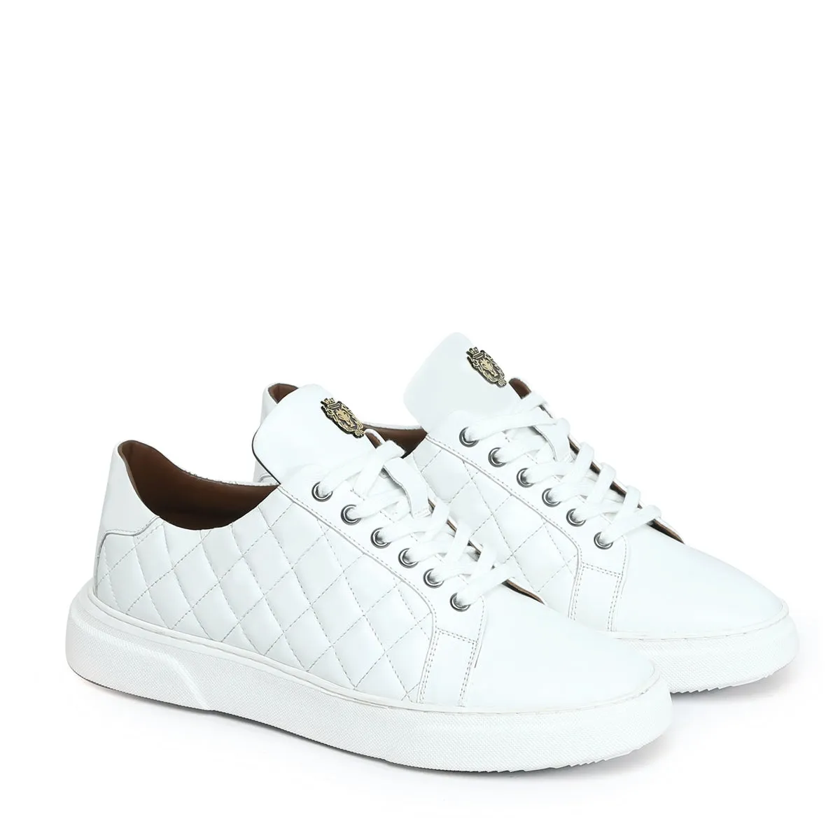 Diamond Stitched Low-Top Sneakers in White Leather