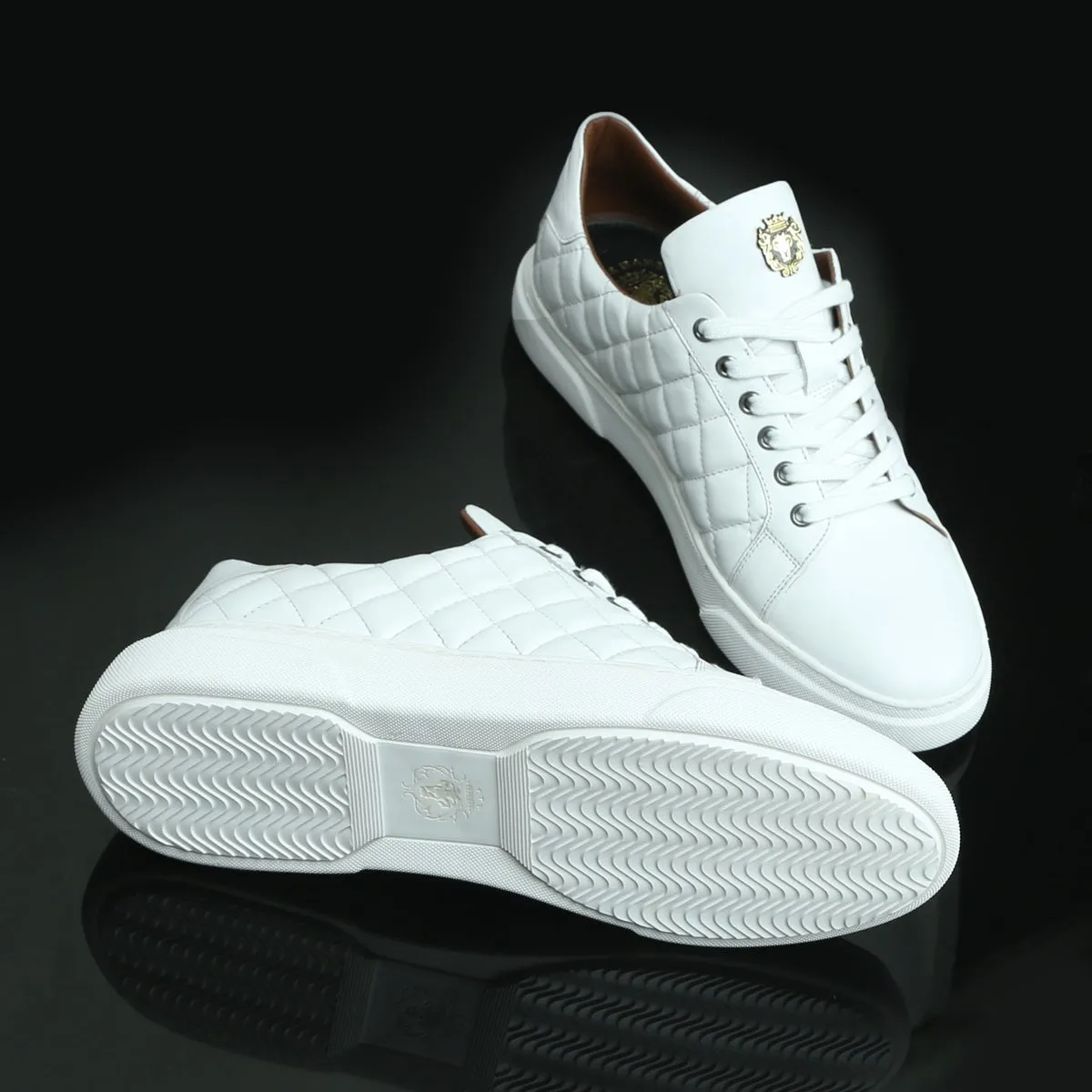 Diamond Stitched Low-Top Sneakers in White Leather