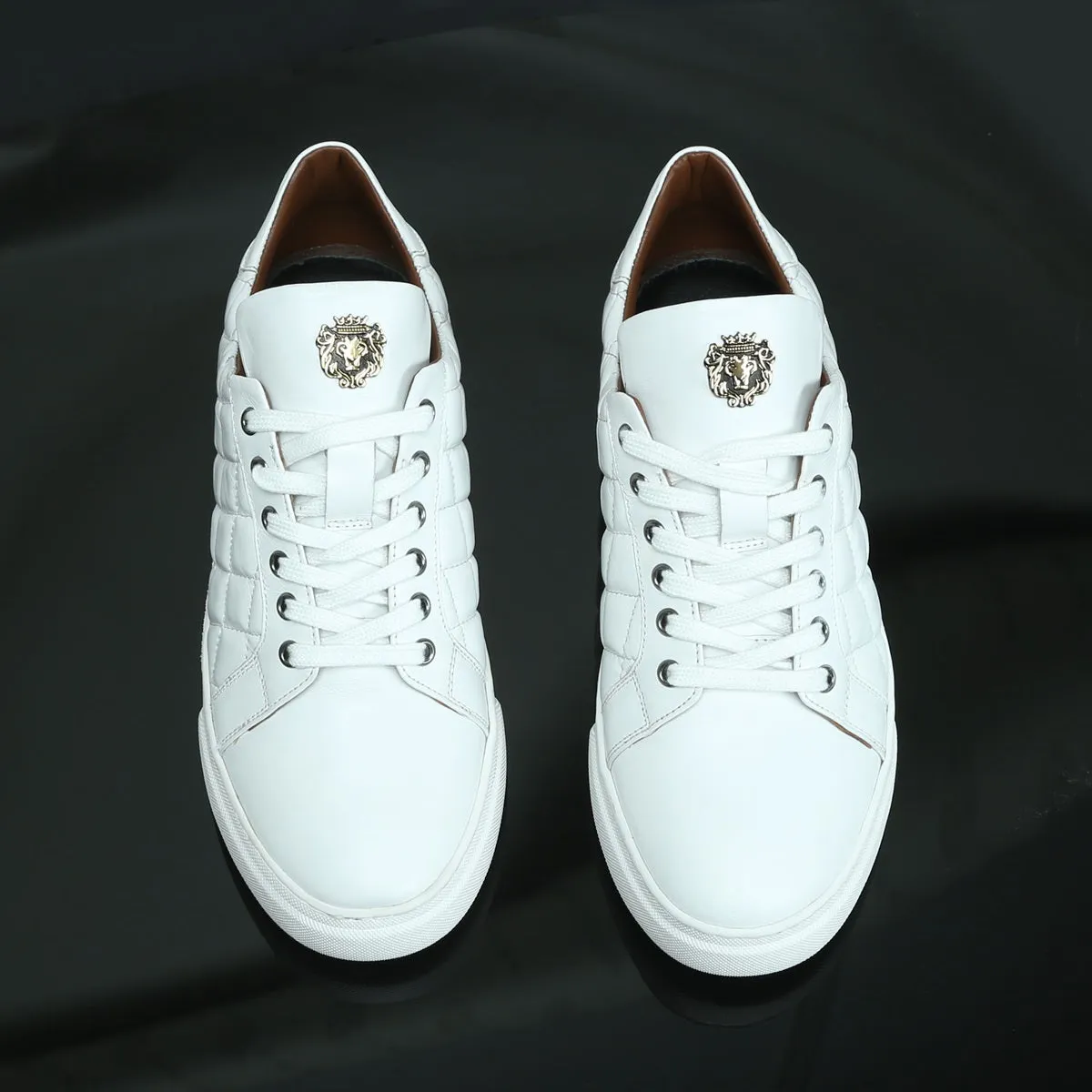 Diamond Stitched Low-Top Sneakers in White Leather