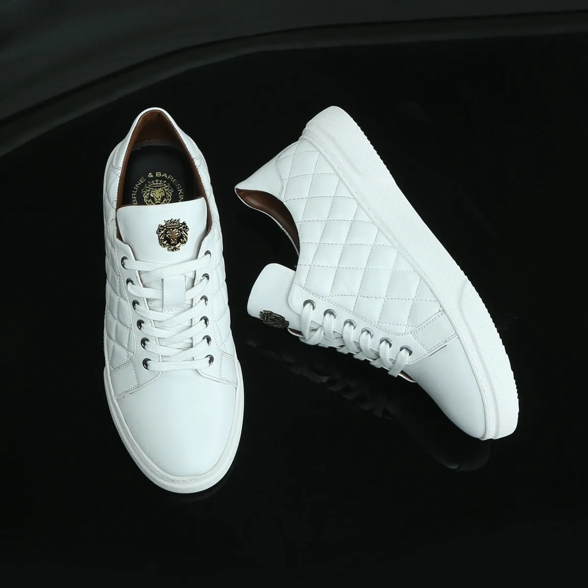 Diamond Stitched Low-Top Sneakers in White Leather