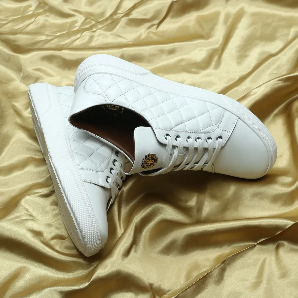 Diamond Stitched Low-Top Sneakers in White Leather