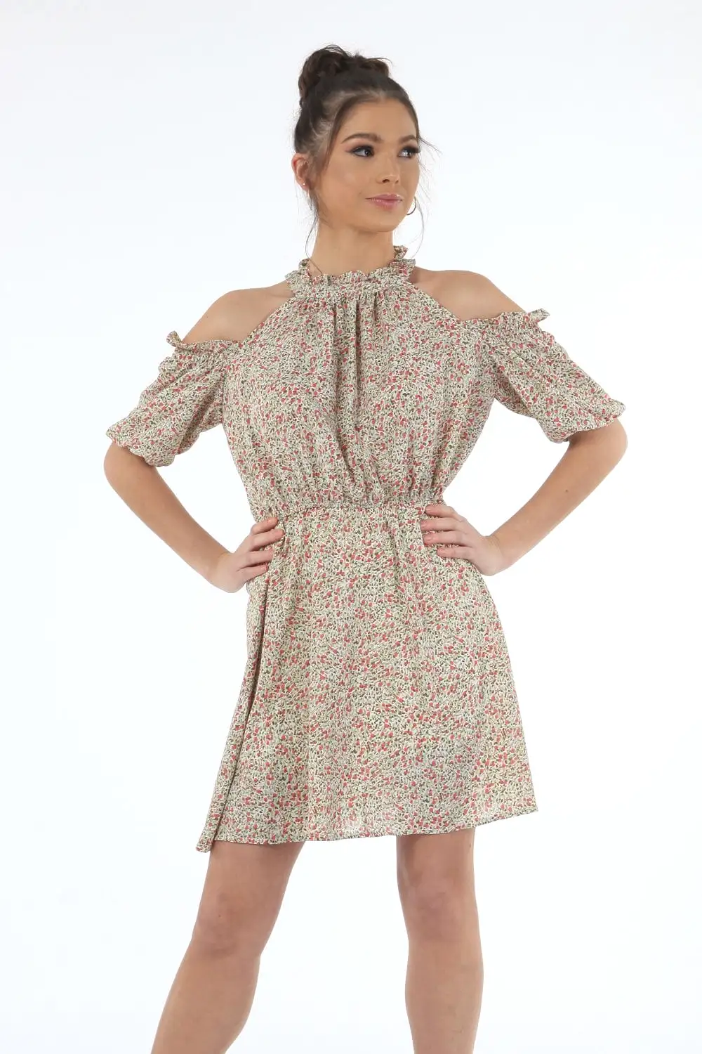 Double Second Cold Shoulder Floral Dress