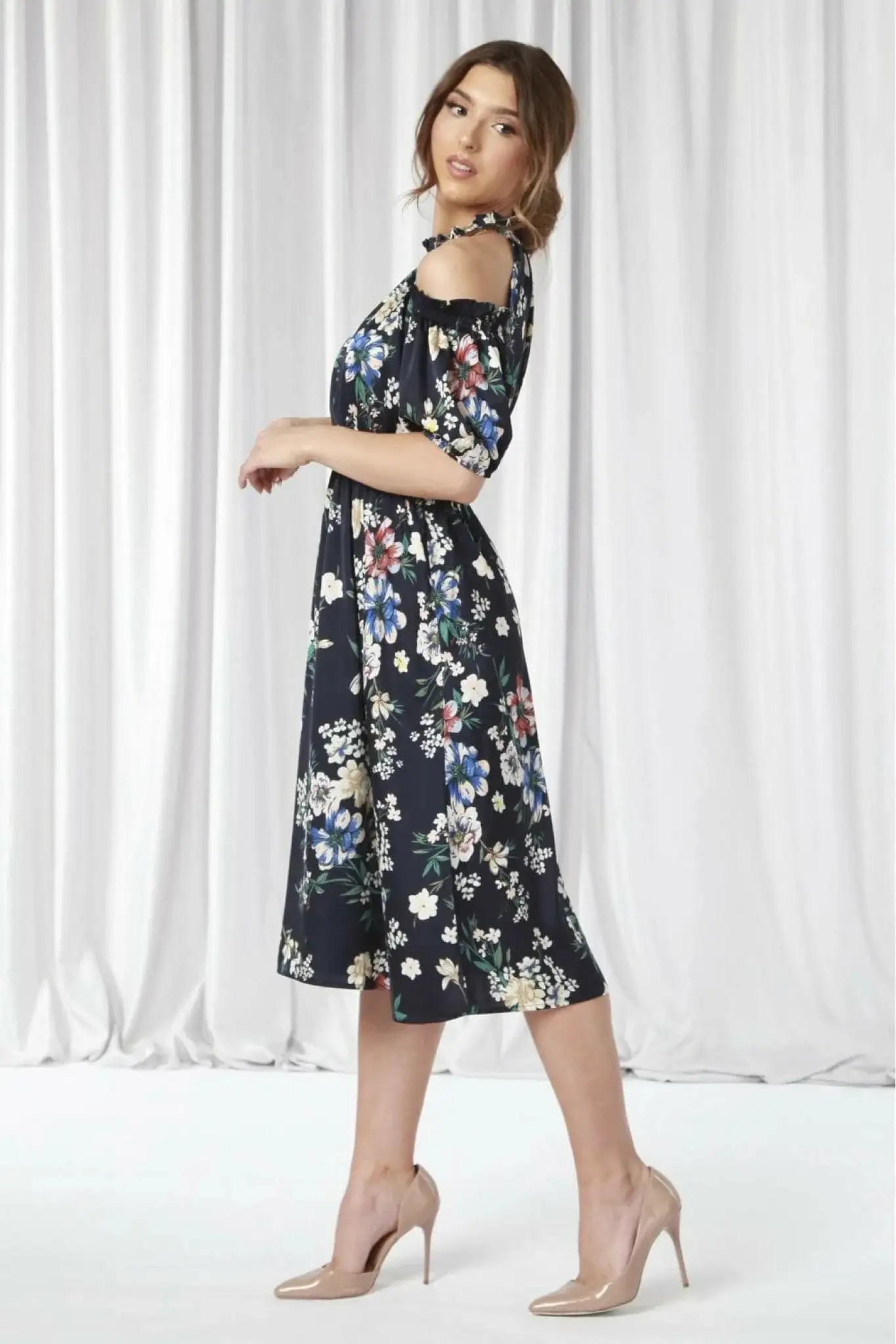 Double Second Printed Cold Shoulder Floral Dress