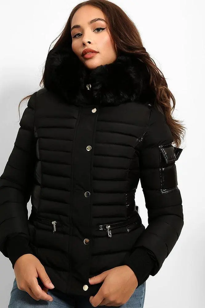 Faux Fur Trim Hood Zip Pockets Parka Jacket