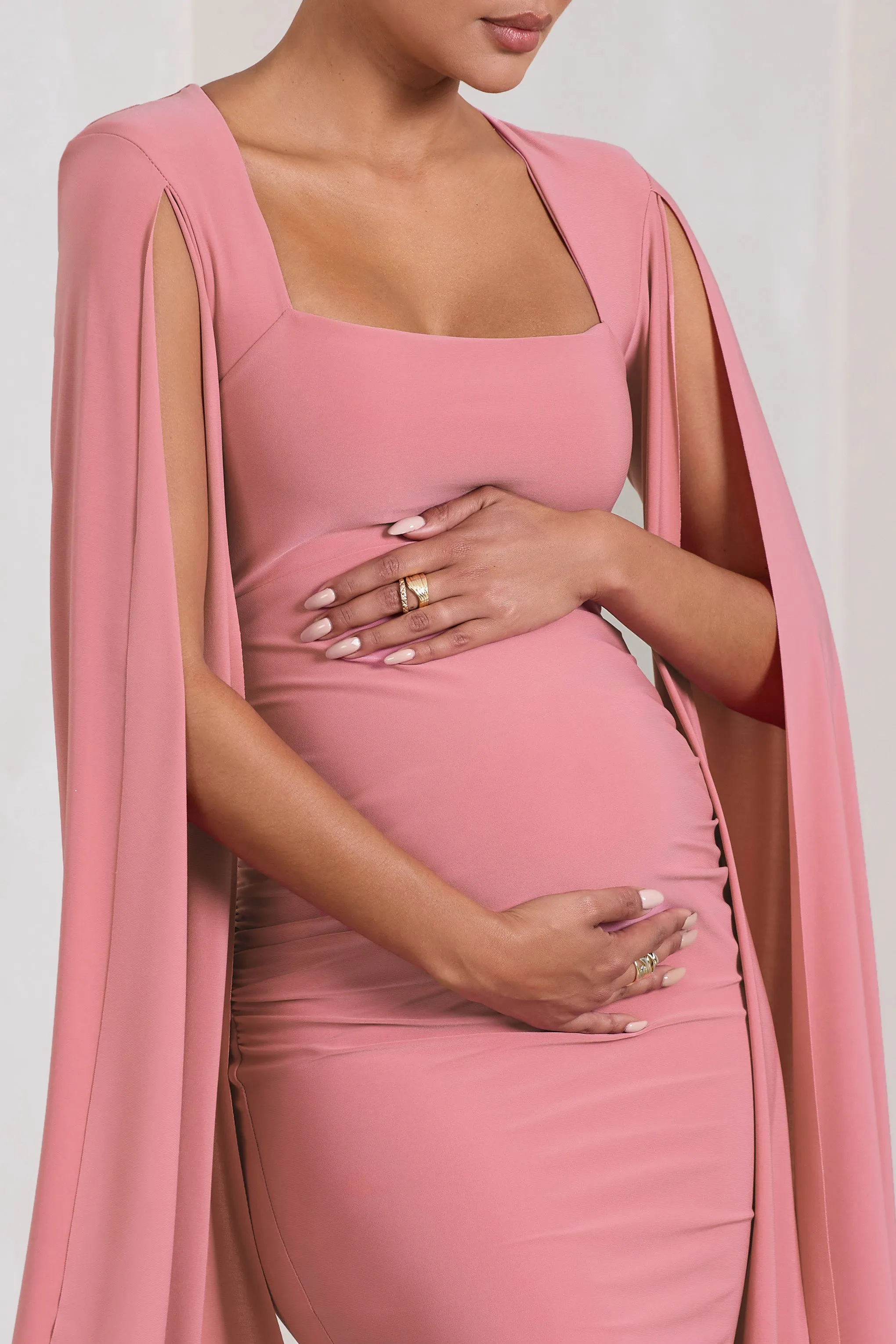 Flawless | Blush Pink Maternity Square Neck Midi Dress With Cape Sleeves