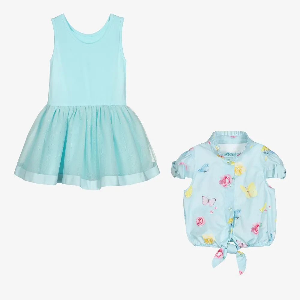 Girls Blue Floral Dress Set