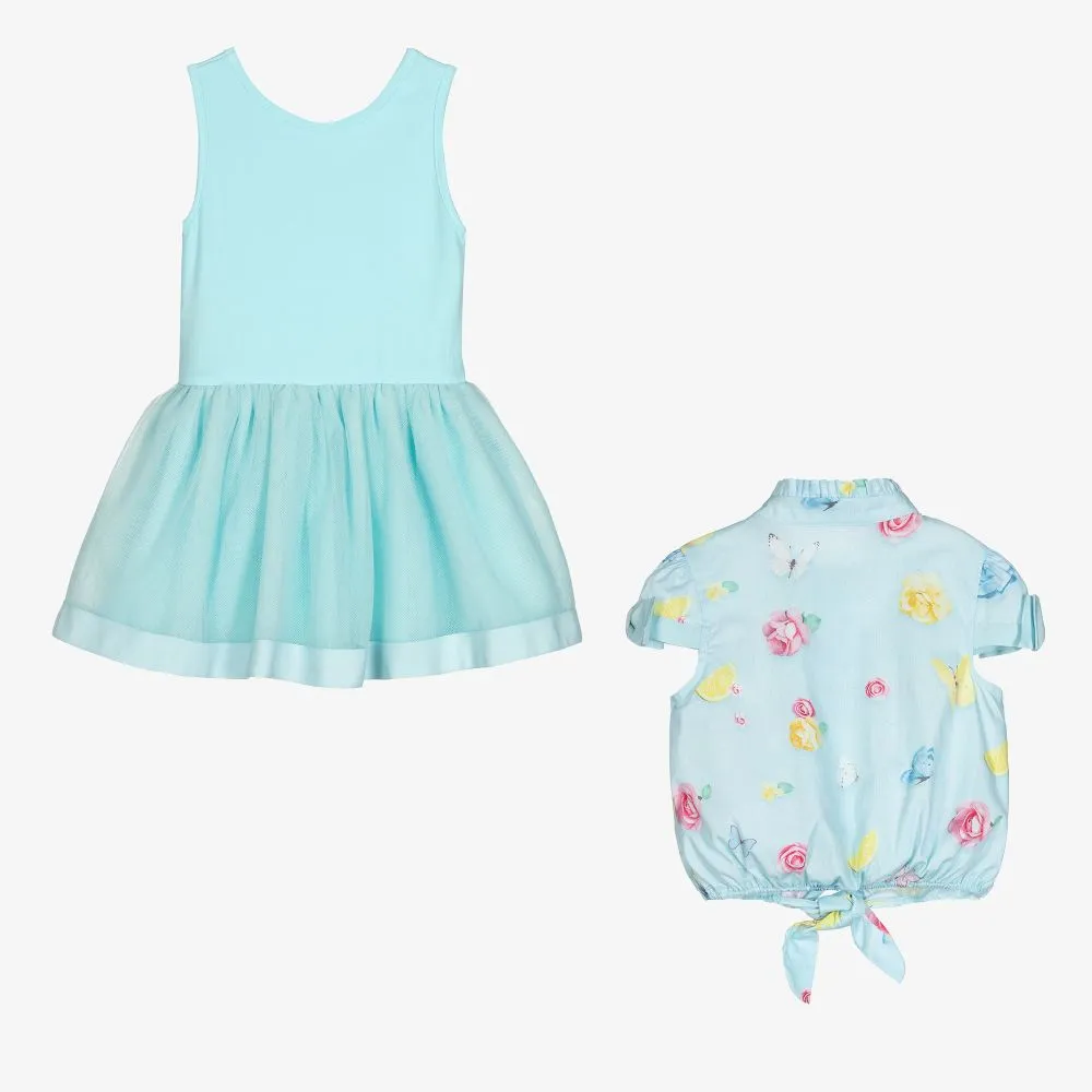 Girls Blue Floral Dress Set