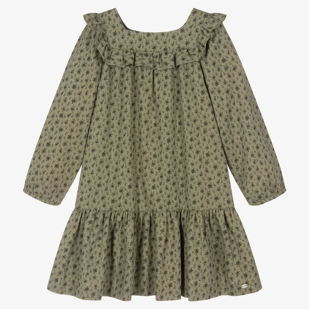 Girls Green Cotton Floral Dress