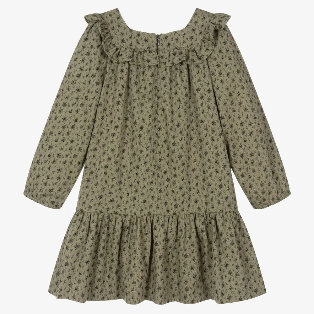 Girls Green Cotton Floral Dress