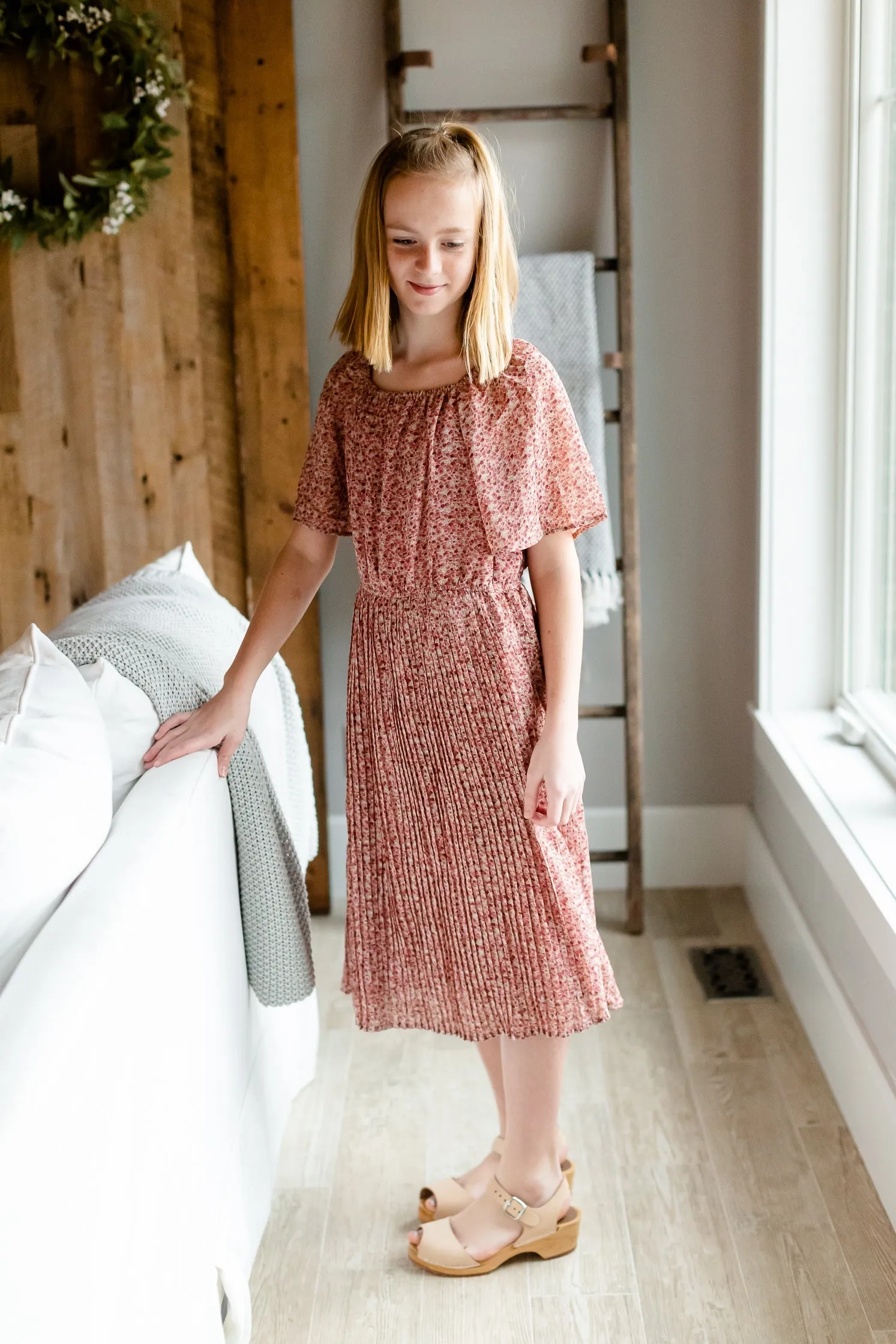 Girls Mauve Square Neck Floral Dress - FINAL SALE