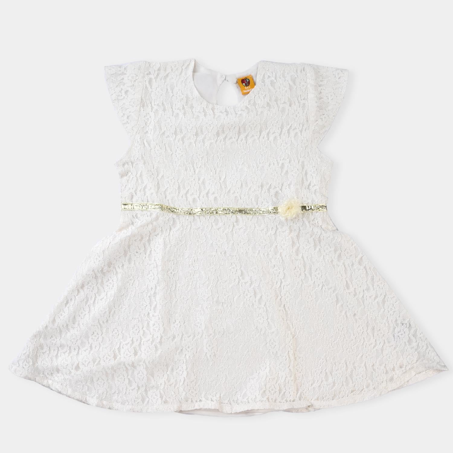 Girls Poly Net Net Frock-OFF-White