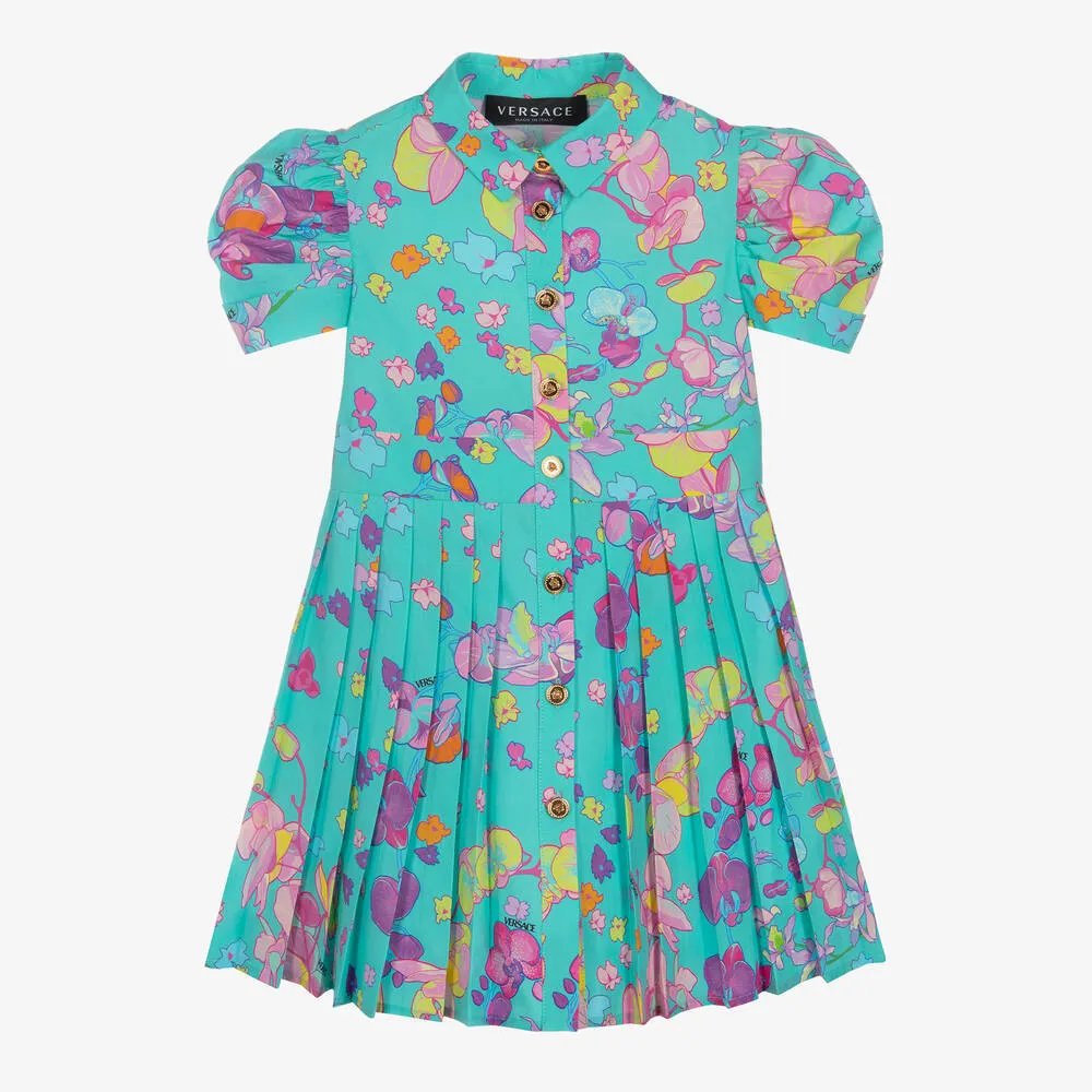 Girls Turquoise Poplin Floral Dress