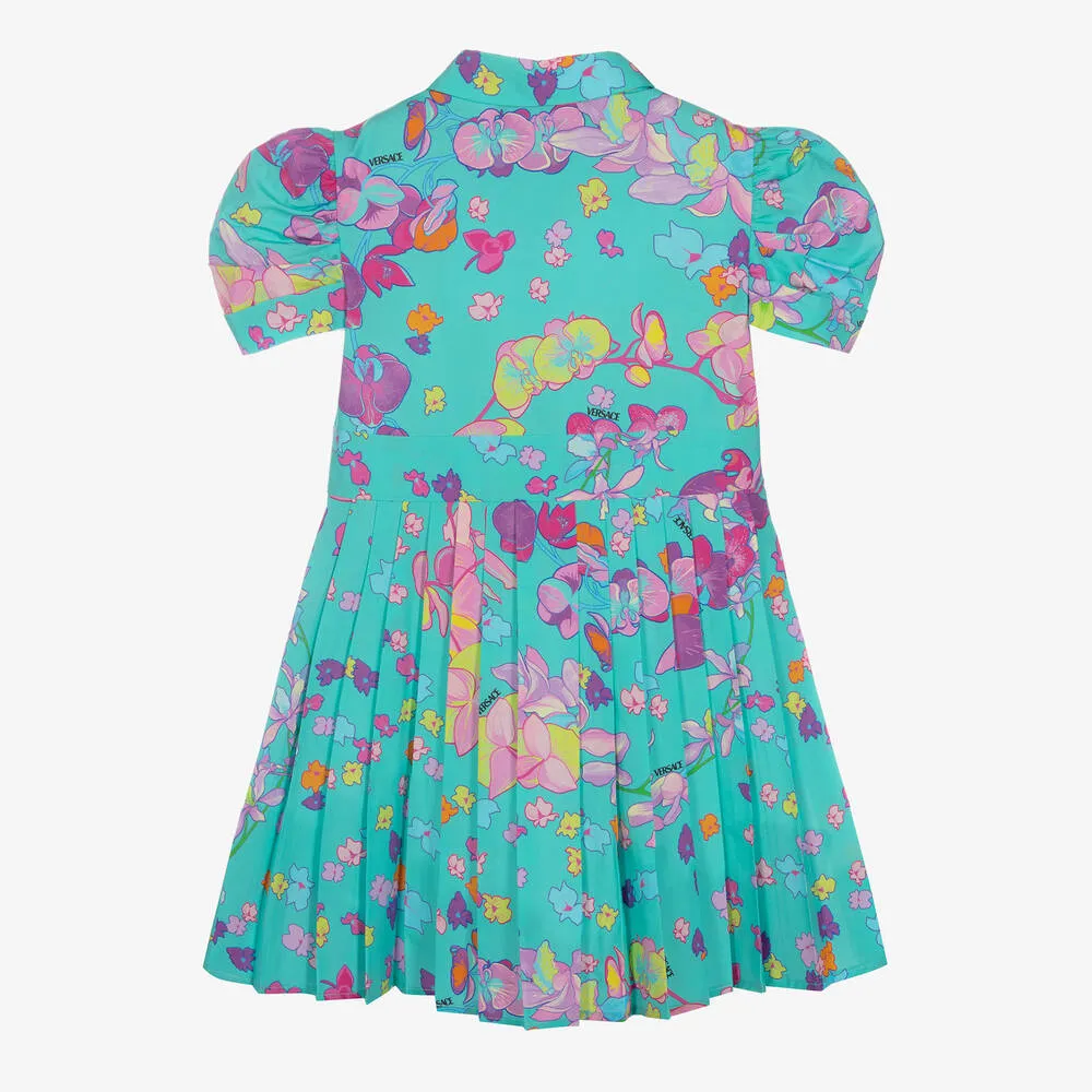 Girls Turquoise Poplin Floral Dress