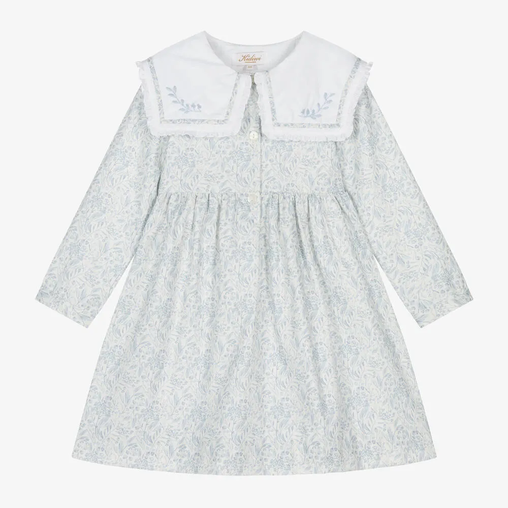 Girls White & Blue Cotton Floral Dress