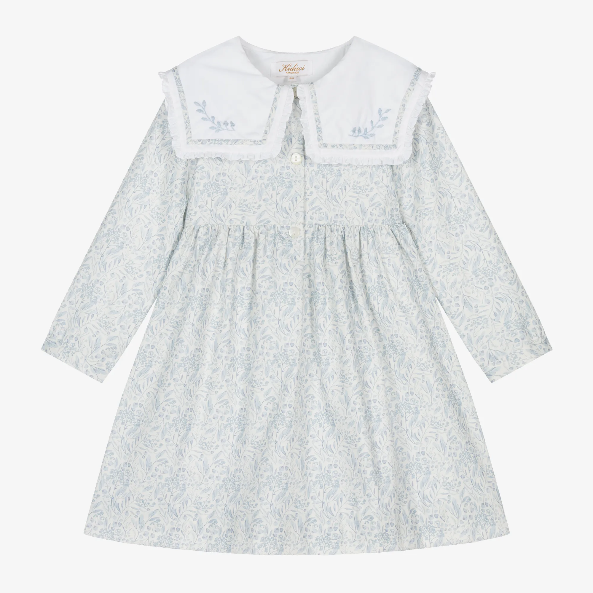 Girls White & Blue Cotton Floral Dress