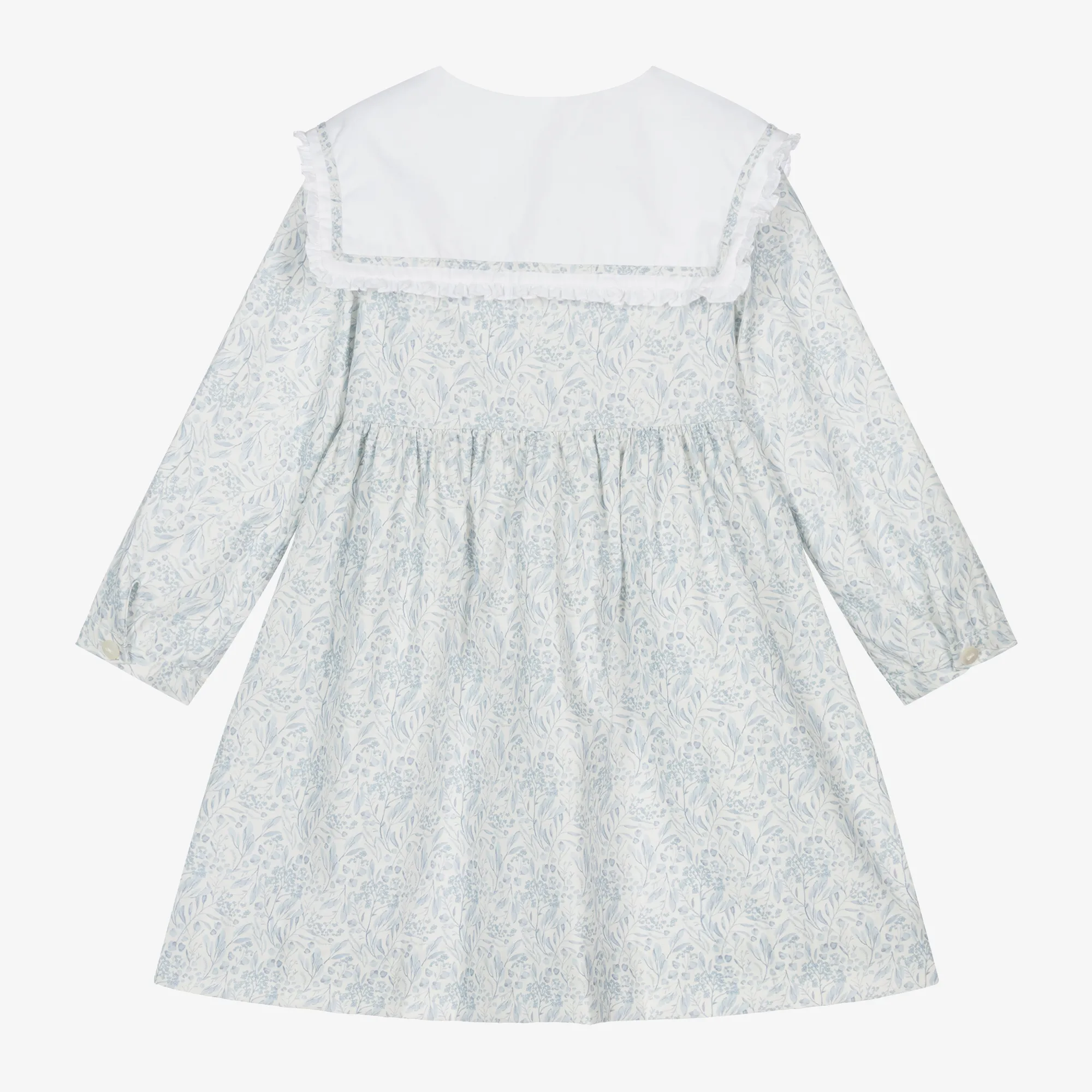 Girls White & Blue Cotton Floral Dress