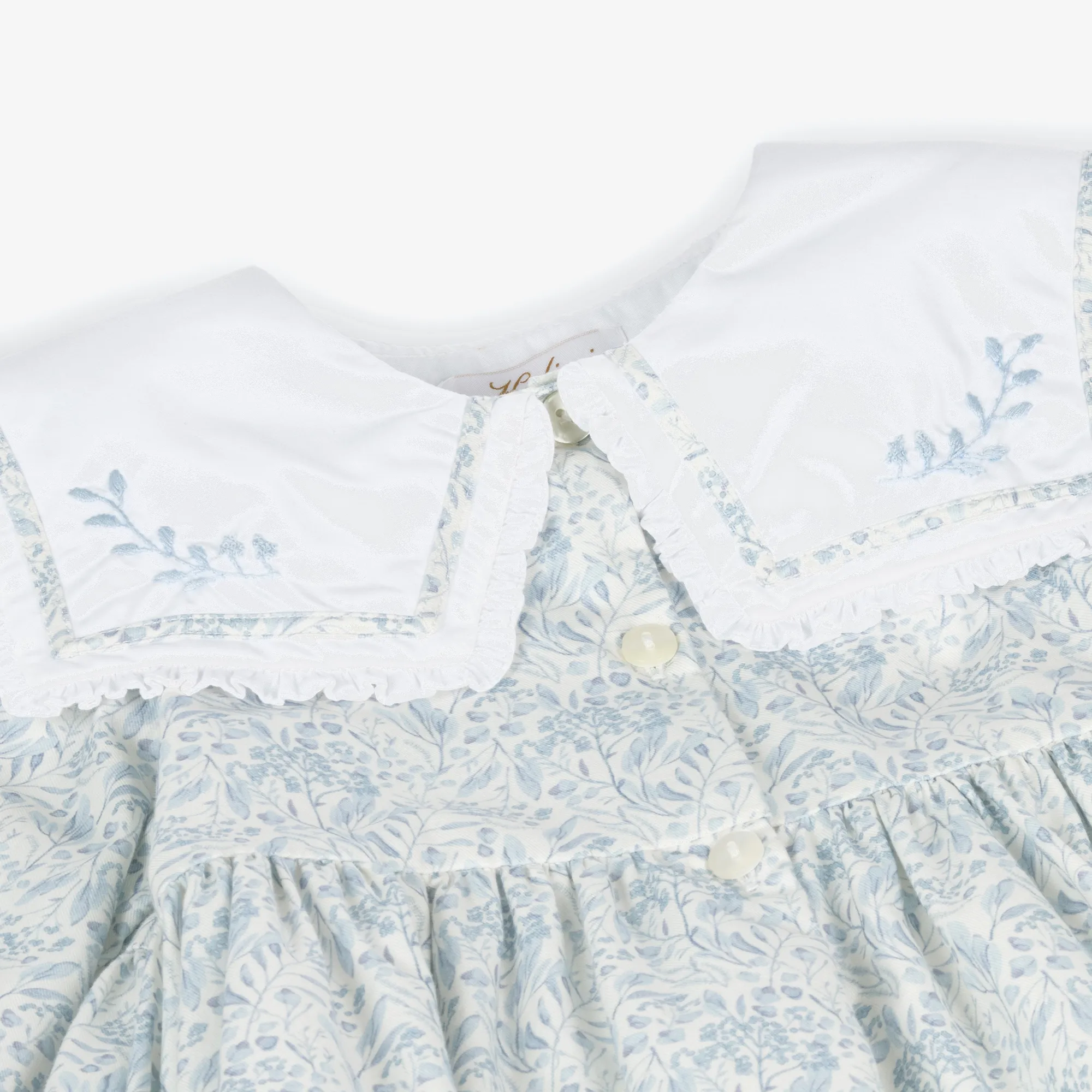 Girls White & Blue Cotton Floral Dress