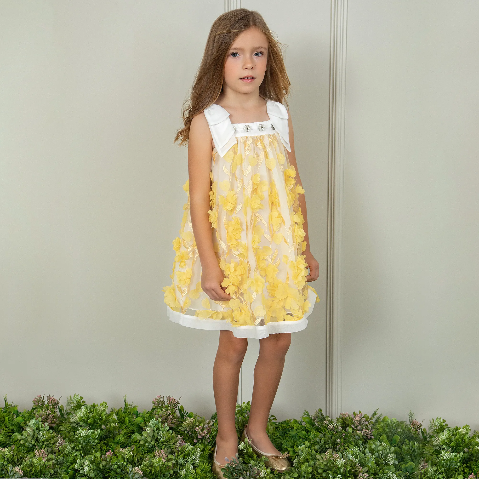 Girls Yellow Embroidered Floral Dress