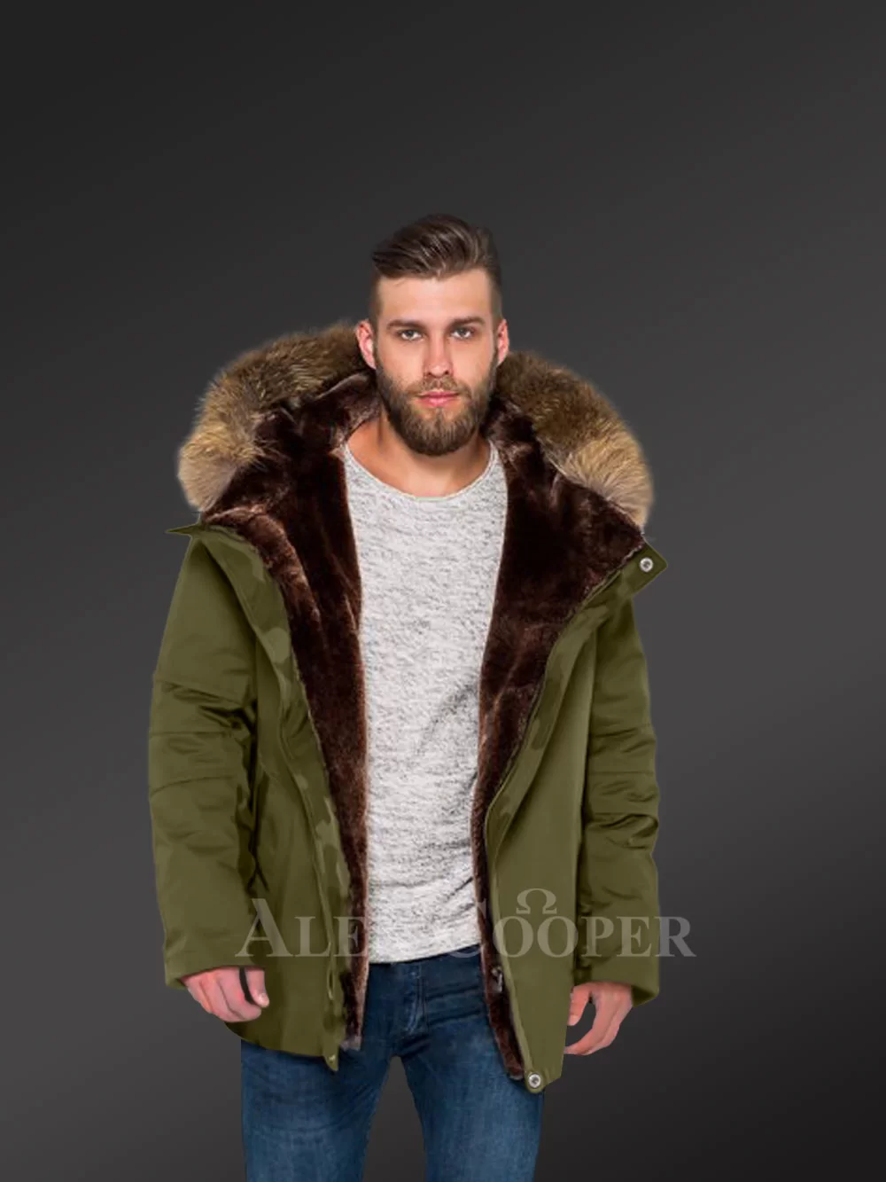 Green Finn Raccoon Fur Parka Convertibles To Make Men