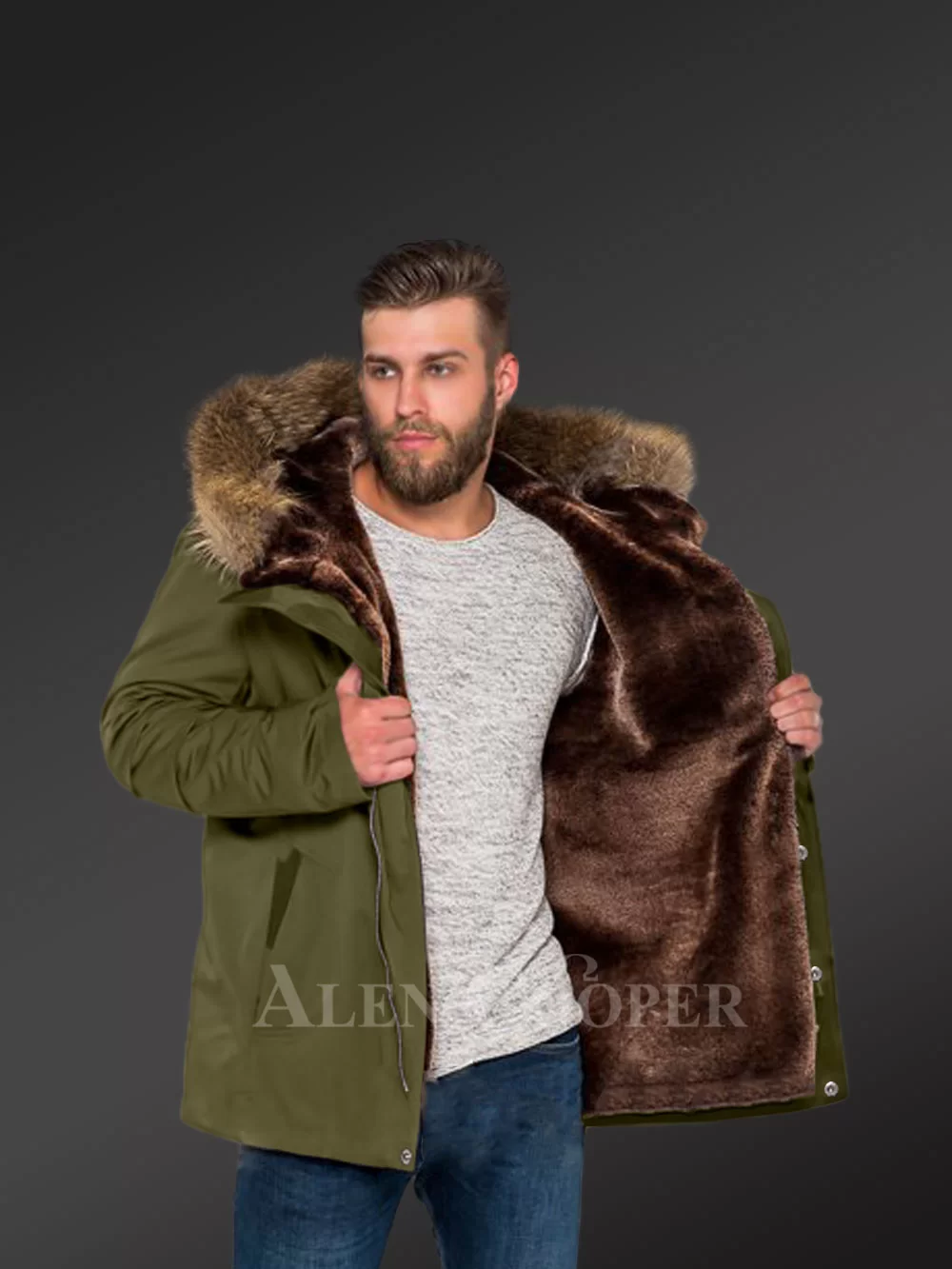 Green Finn Raccoon Fur Parka Convertibles To Make Men