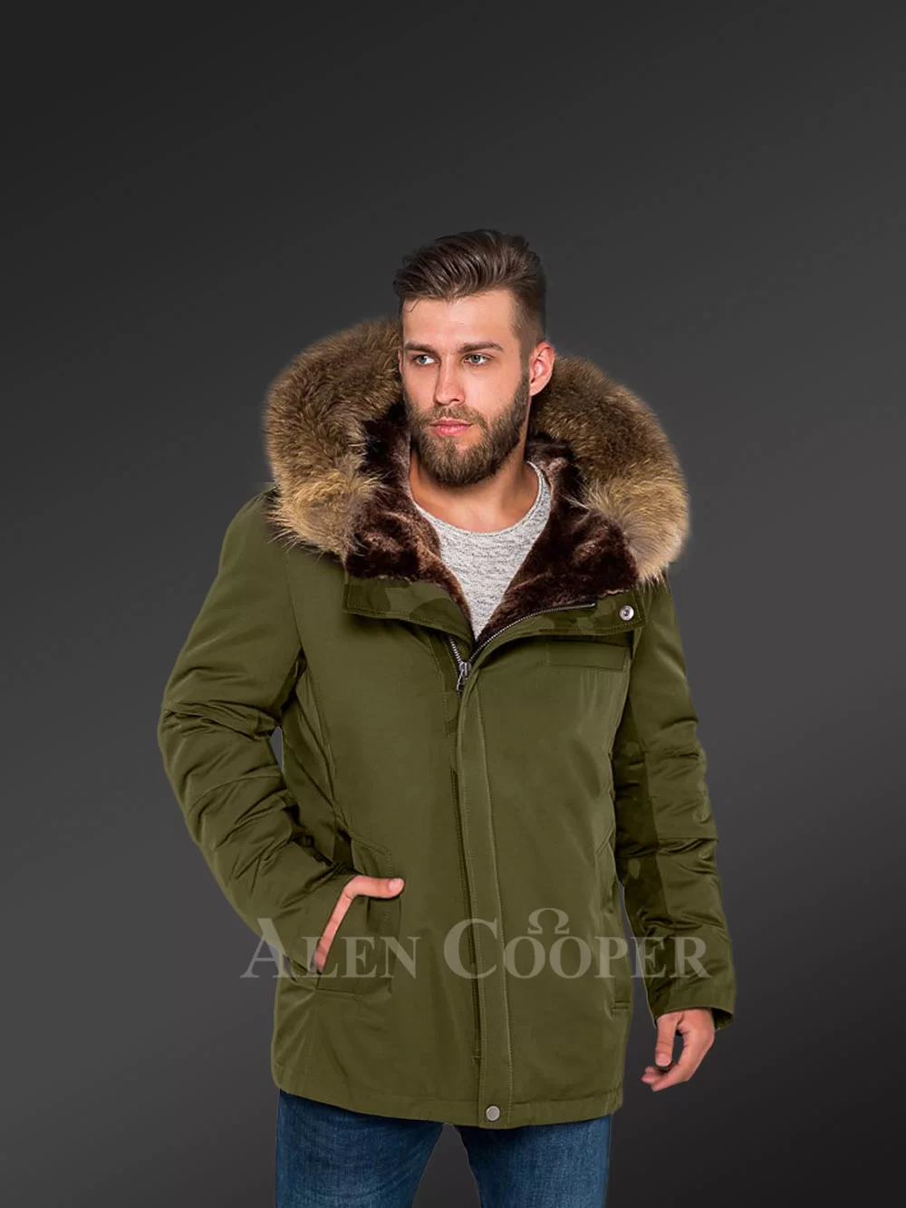 Green Finn Raccoon Fur Parka Convertibles To Make Men