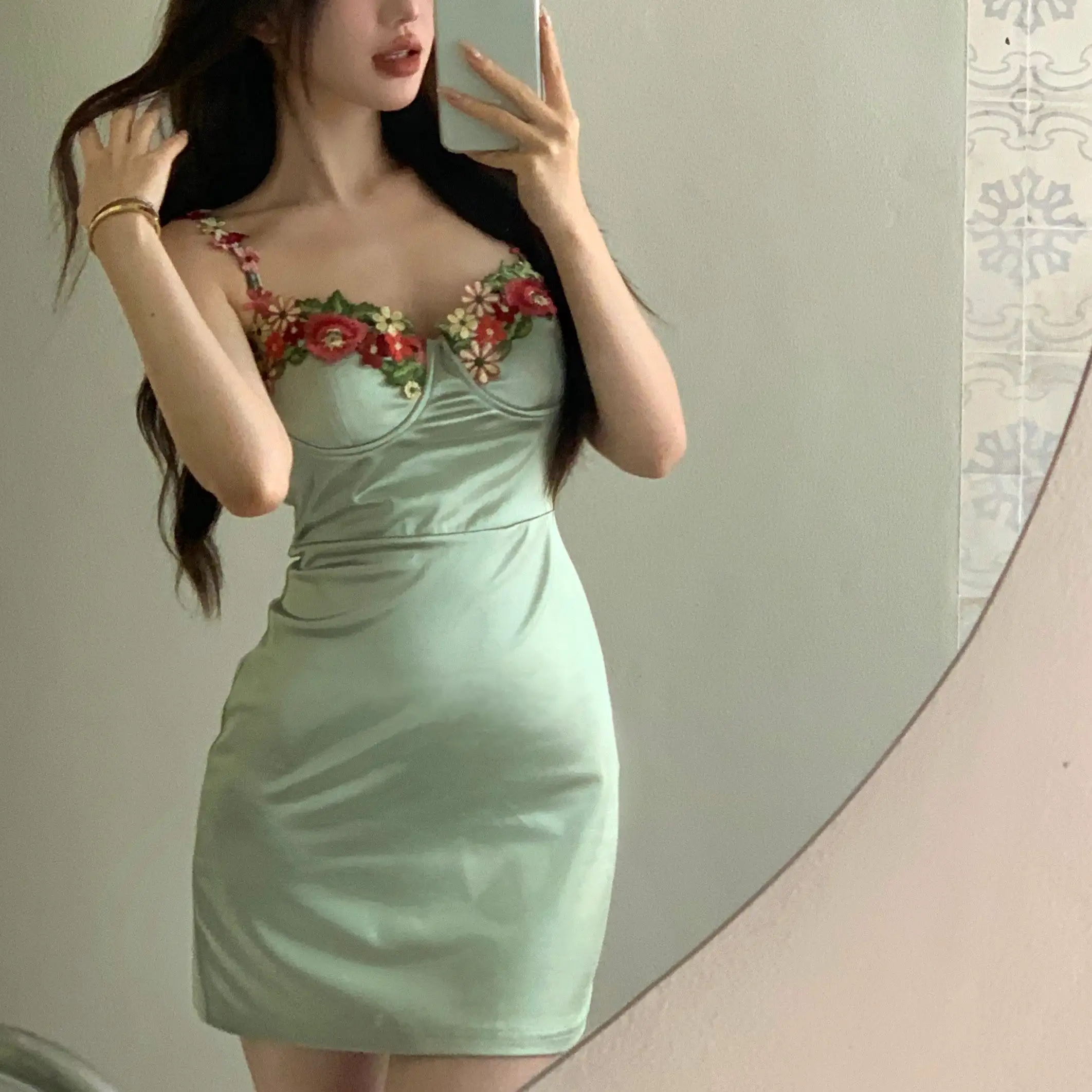 Green Satin Floral Dress