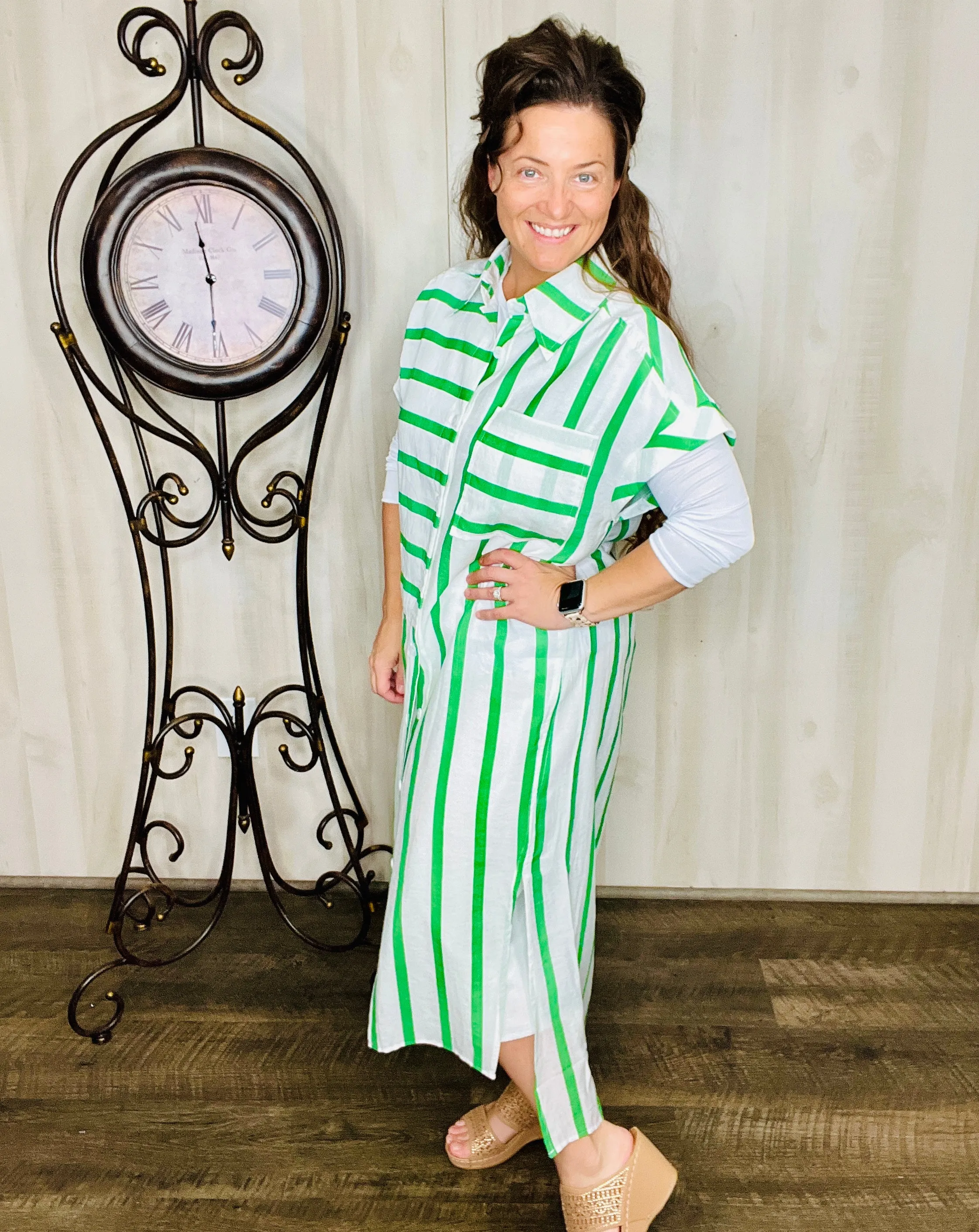 Green Striped Shirt Dress