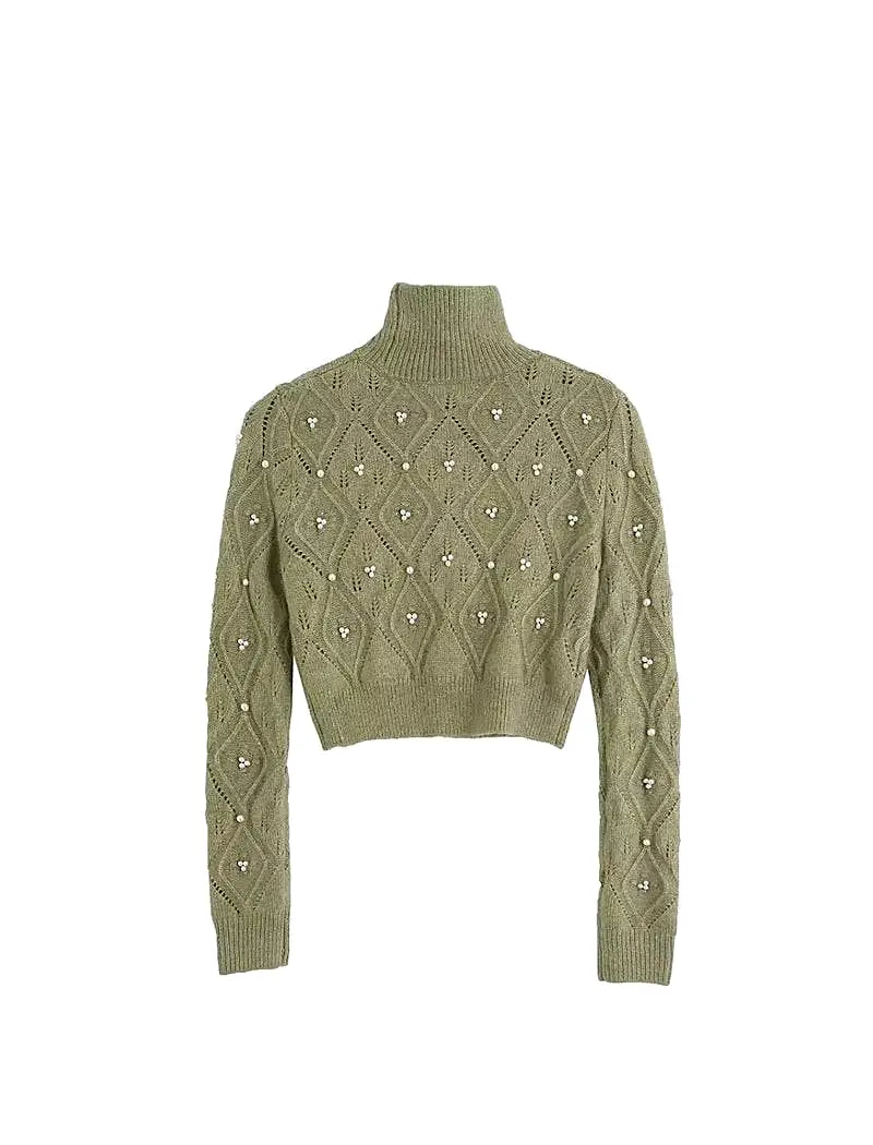 Green Turtleneck Short Sweater With Pearl Beads