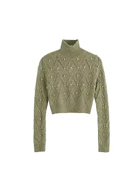 Green Turtleneck Short Sweater With Pearl Beads