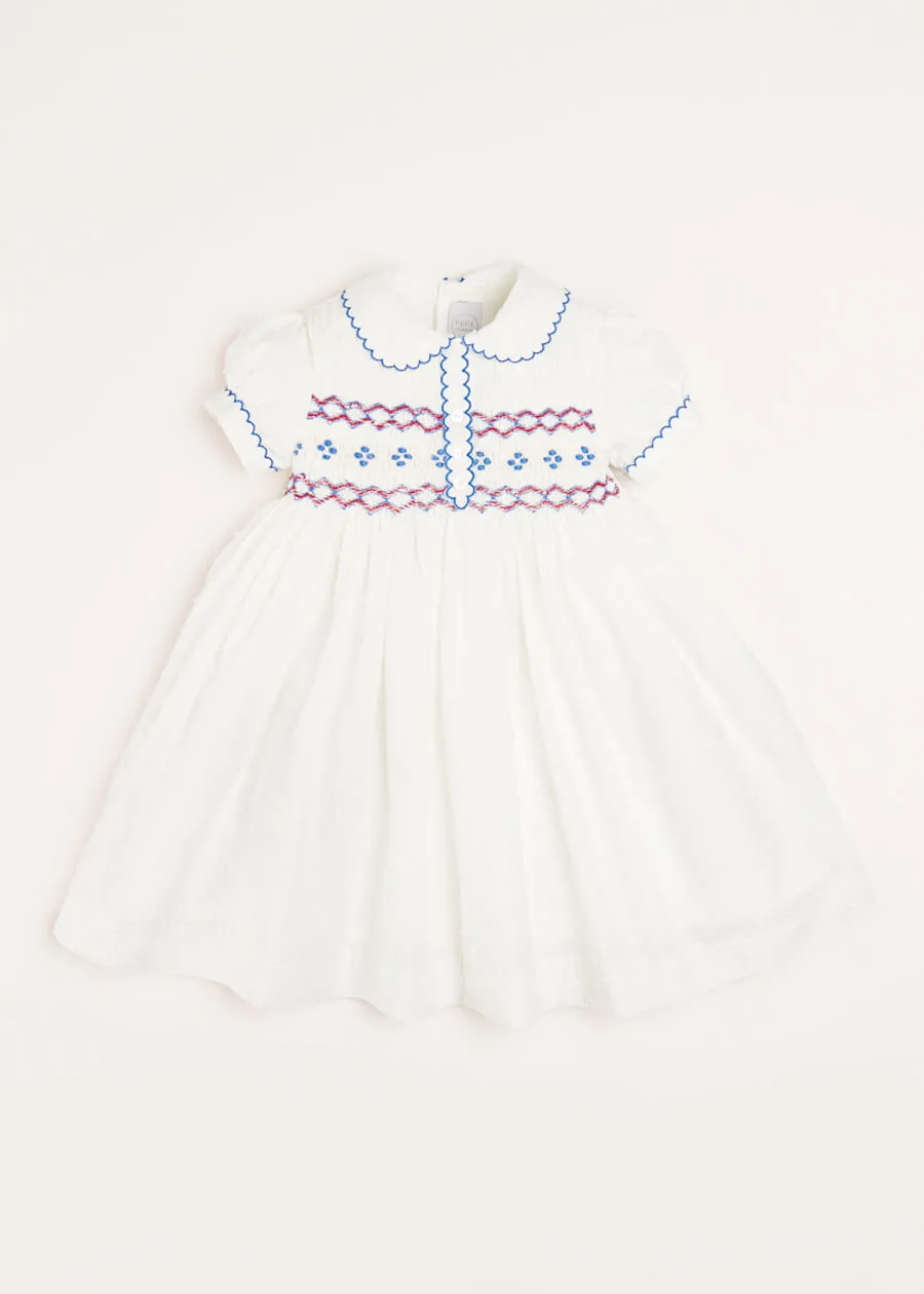 Handsmocked Plumetti Short Sleeve Dress in White (12mths-6yrs)