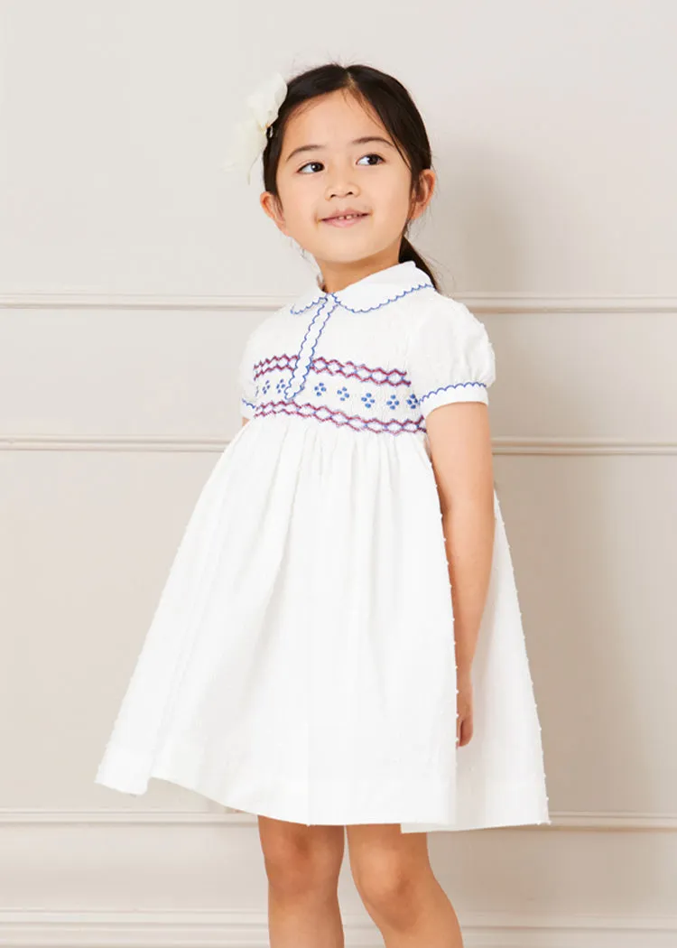 Handsmocked Plumetti Short Sleeve Dress in White (12mths-6yrs)