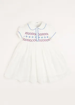 Handsmocked Plumetti Short Sleeve Dress in White (12mths-6yrs)