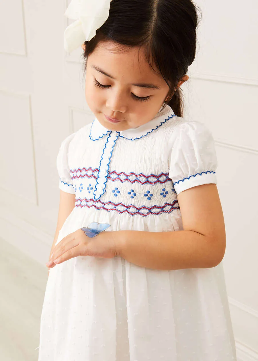 Handsmocked Plumetti Short Sleeve Dress in White (12mths-6yrs)