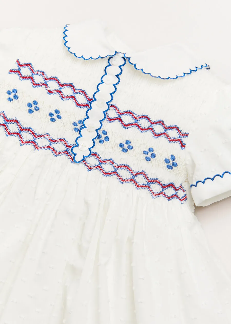 Handsmocked Plumetti Short Sleeve Dress in White (12mths-6yrs)