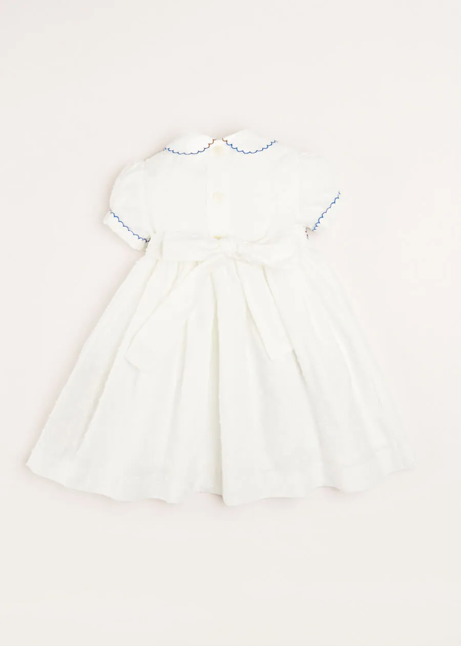 Handsmocked Plumetti Short Sleeve Dress in White (12mths-6yrs)