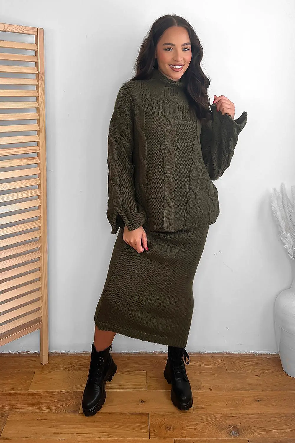 High Neck Braid Knit Pullover And Midi Skirt Set