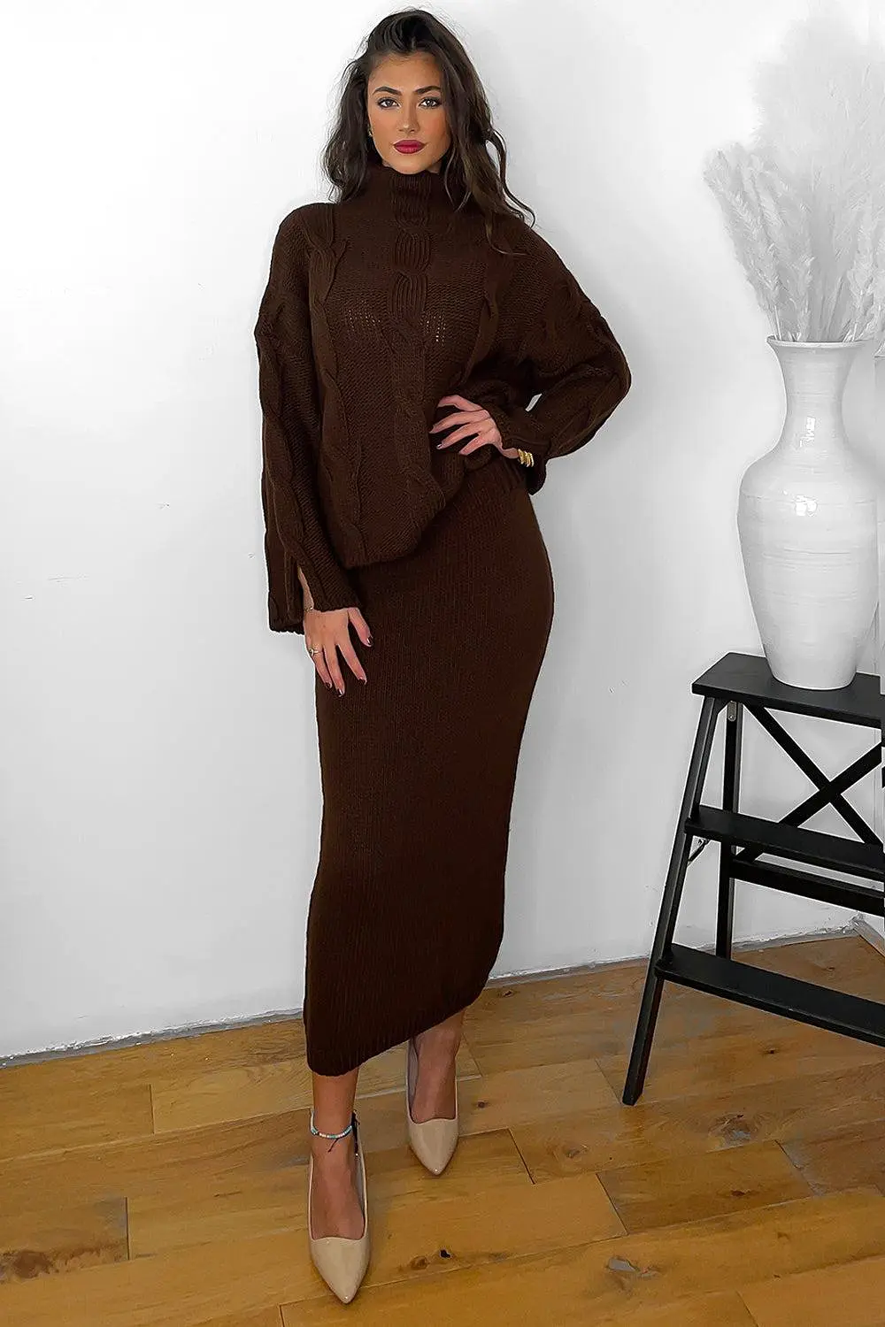 High Neck Braid Knit Pullover And Midi Skirt Set