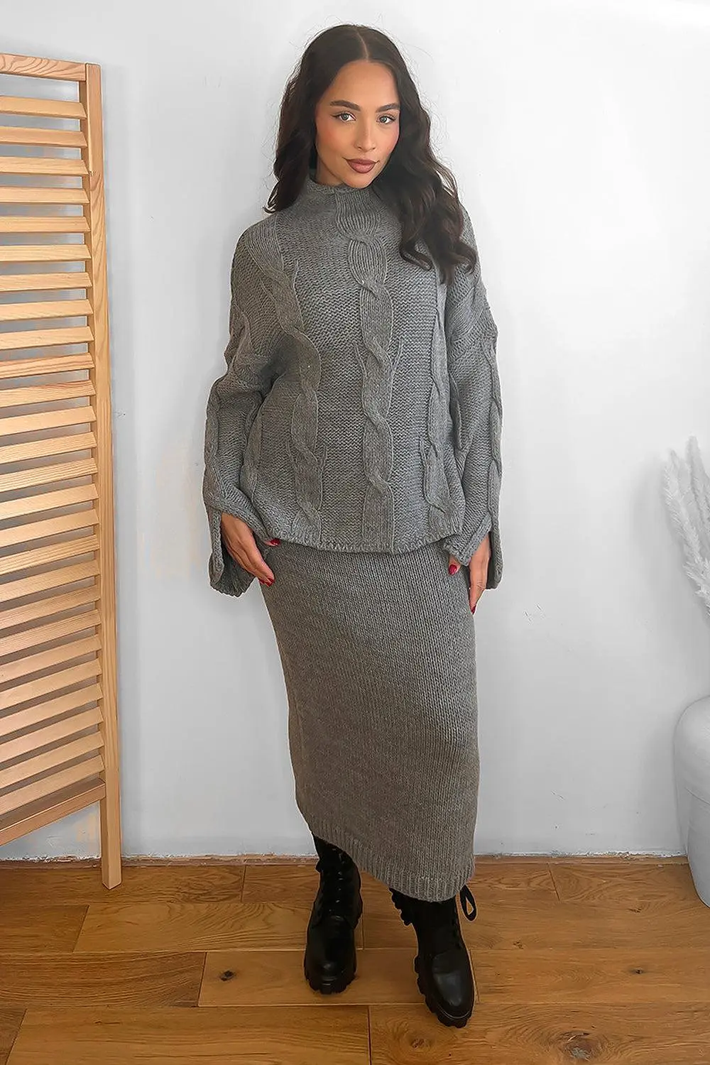 High Neck Braid Knit Pullover And Midi Skirt Set