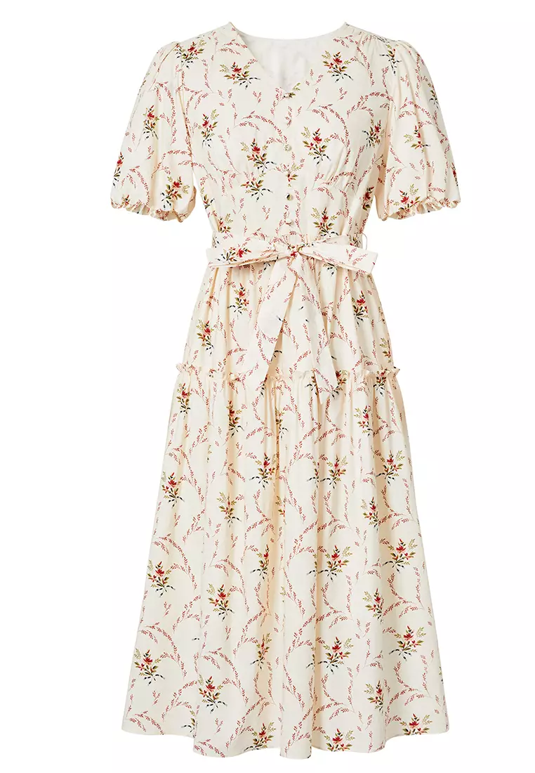 Hopeshow Puff Sleeve V-Neck Floral Dress with Ribbon Belt