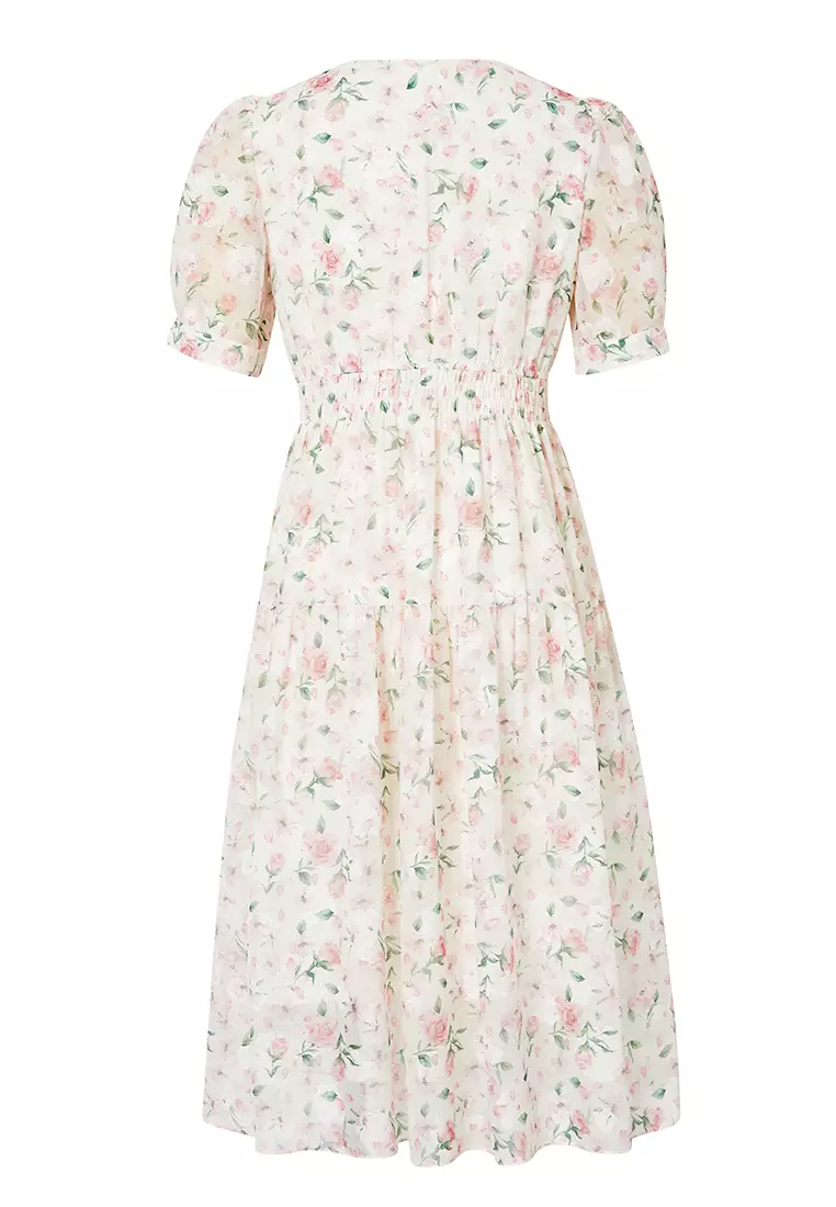 Hopeshow Puff Sleeve V-Neck Floral Dress with Ruched Waist Design