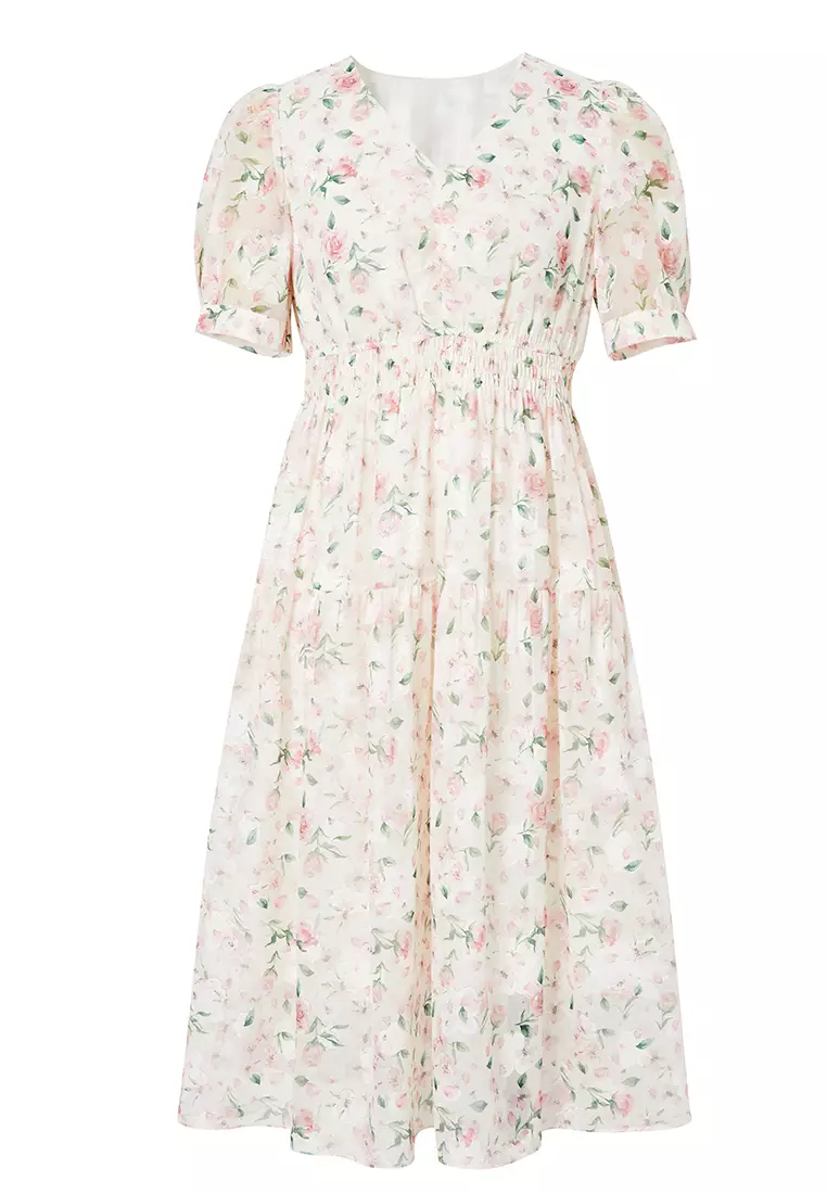 Hopeshow Puff Sleeve V-Neck Floral Dress with Ruched Waist Design