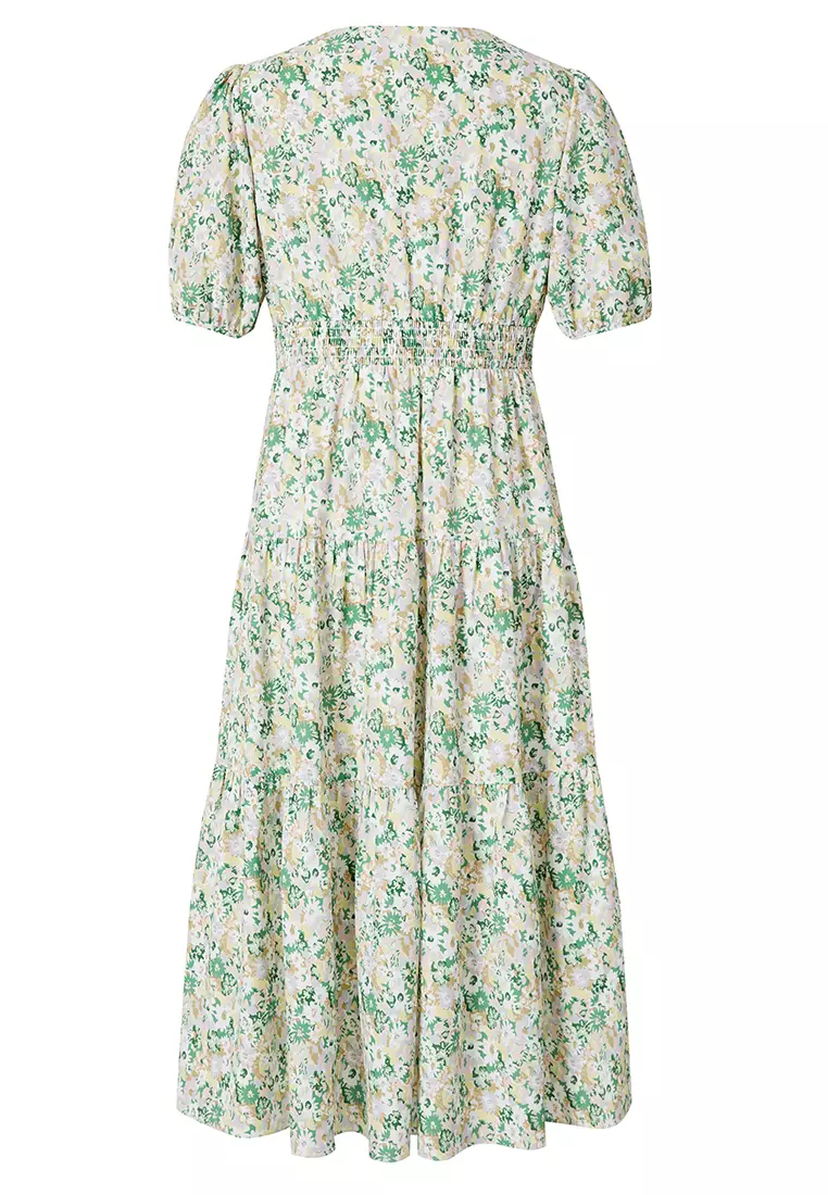 Hopeshow Puff Sleeve V-Neck Floral Summer Floral Dress