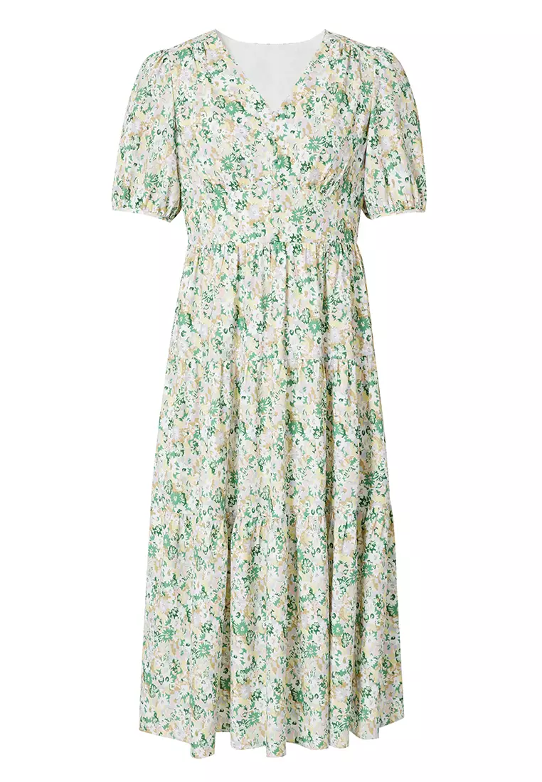 Hopeshow Puff Sleeve V-Neck Floral Summer Floral Dress