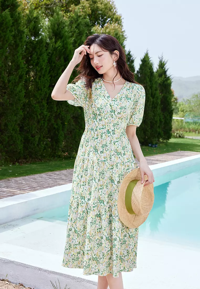 Hopeshow Puff Sleeve V-Neck Floral Summer Floral Dress